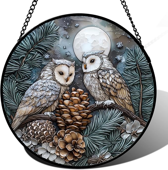 Stained Glass Window Hanging - Owl On A Tree Suncatcher for Doors Garden Patio Winter Scene Sun Catchers Decor Christmas Mother's Day Birthday Gifts for Women Men Mom Nana Friend 11.8 in