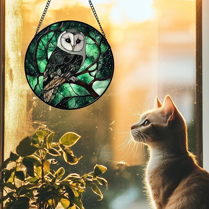 DASTOLL Stained Glass Window Hanging 4 Pcs Set Green Forest Night Sky Wildlife Large 15" - Suncatcher Door Garden Sun Catcher Decor Birthday for Mom Woman Nana Men Friend