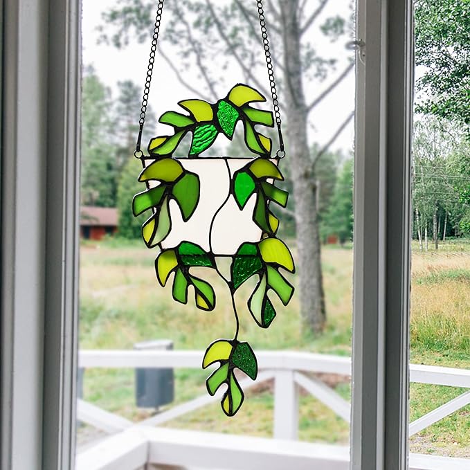 BOXCASA Stained Glass Window Hanging - Handmade Monstera Leaf Suncatcher for Plant Lovers,Plant Gifts for Women,Grandma,Mother's Day,Christmas