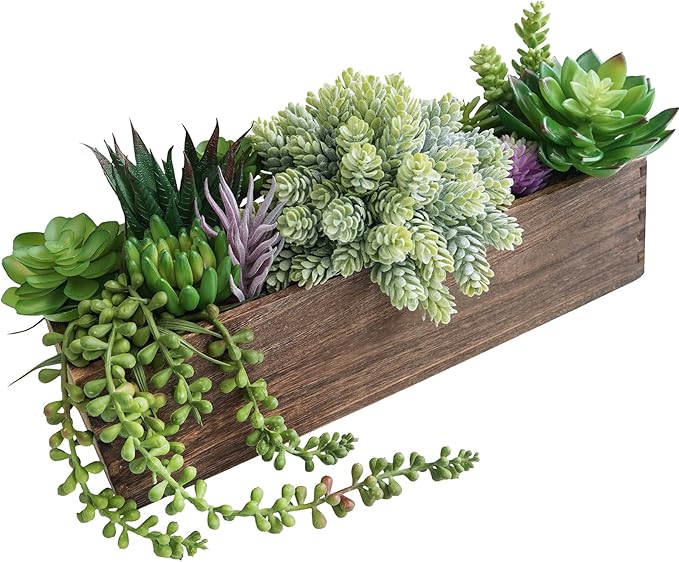 Winlyn 15" Assorted Artificial Succulent Arrangement Assorted Succulents in Rectangular Wooden Planter Faux Potted Plant for Farmhouse Table Centerpiece Windowsill Shelf Desk Mantel Greenery Décor