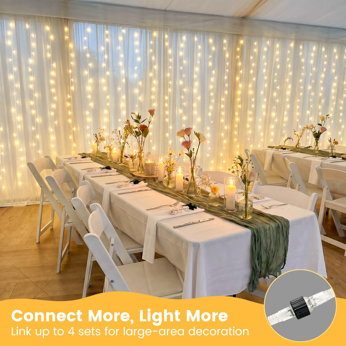 HEYFUNi 6.6FT x 6.6FT Warm White Curtain Lights Plug in, 200 LED
