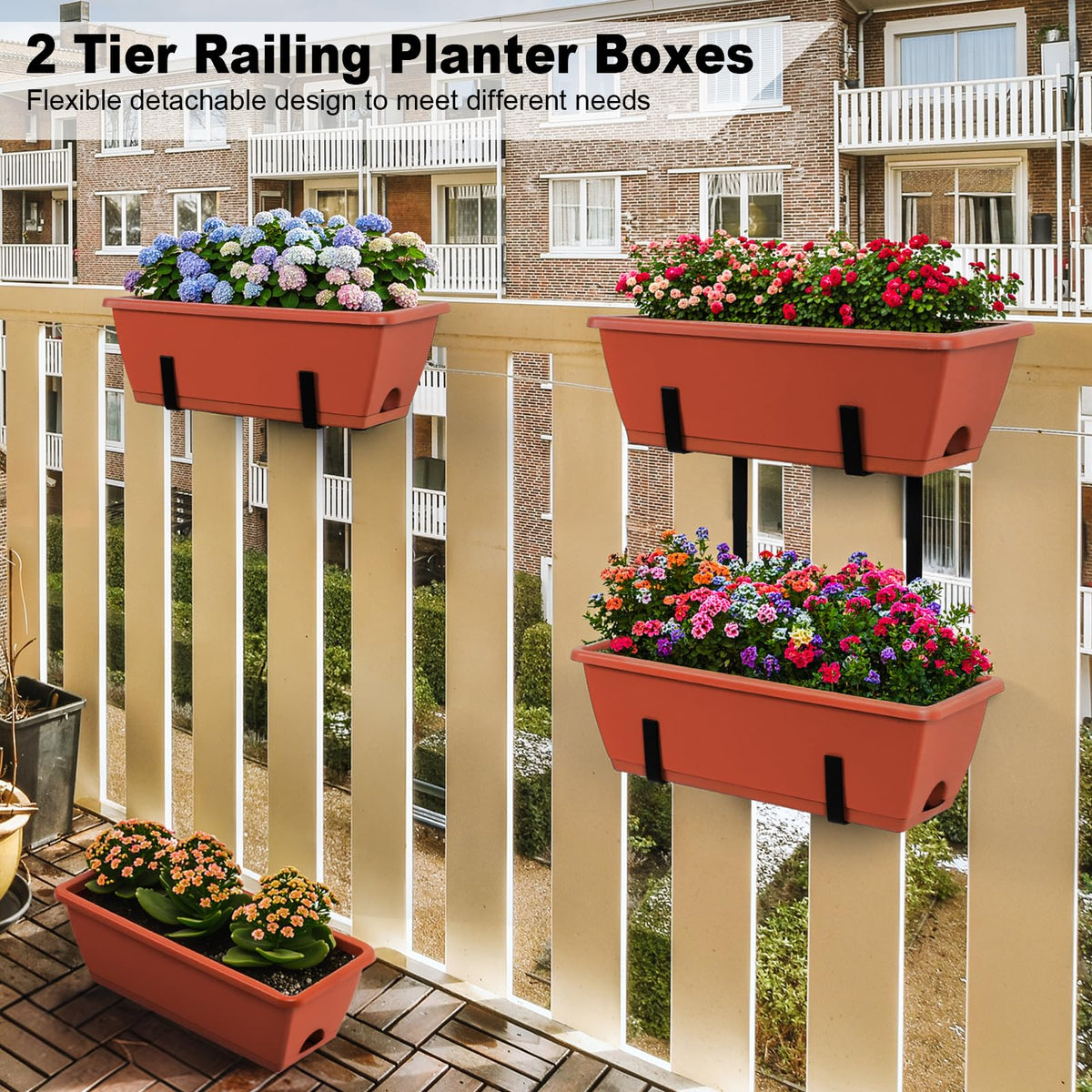 Railing Planter Box Set of 2, 4 Pack Brick Red Window Boxes Planters