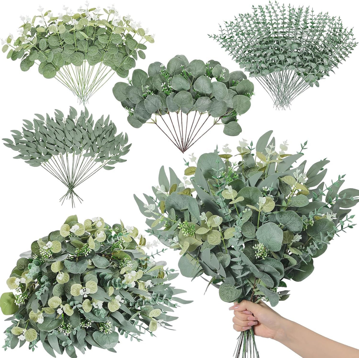 100pcs Artificial Mixed Eucalyptus Stems Leaves Bulk, 4Kinds Fake Greenery Silver Dollar Eucalyptus Leaves Picks,Faux Greenry Stems Sprays for DIY Bouquets Floral Arrangement Home Decor (200)
