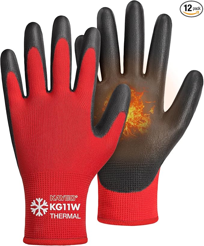 KAYGO Winter Work Gloves for Men and Women, 12 Pairs Thermal Insulated Safety Work Gloves PU Coated, Smooth Grip on Palm & Fingers,Ideal for Freezer Work,Red,S