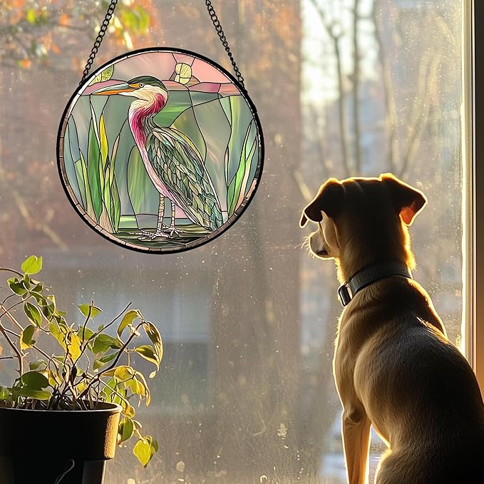 DASTOLL Stained Glass Window Hanging 4 Pcs Set Cute Animal Large 11.8"- Green Plant Pink Suncatcher Door Garden Sun Catcher Decor Birthday Christmas for Mom Woman Nana Men Friend