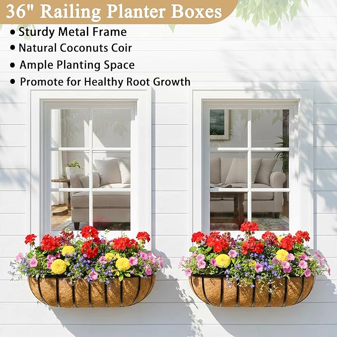Window Box Railing Planter with Coco Liner 2 Pack 36 Inch Metal Hanging Flower Planter Deck Railing Planters Boxes for Balcony Outdoor Plants Fence Porch Patio