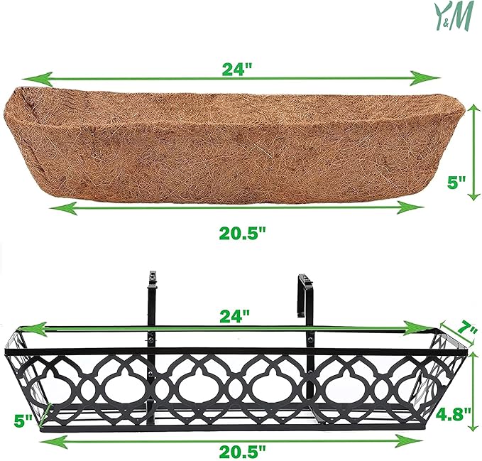 Y&M 24" Window Boxes Horse Trough with Coconut Coir Liner, 2pcs 24 Inch Window Deck with Coco Liner, Black Metal Hanging Flower Planter Window Basket Deck Railing Planter Boxes for Outdoor Indoor Lawn