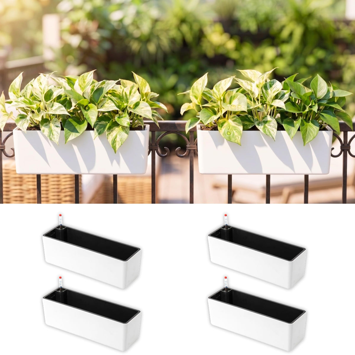 LaLaGreen Balcony Flower Boxes Over the Rail (16 Inch, 4 Pack) White Rectangular Self-Watering Railing Planters with Metal Brackets, Plastic Window Box for Outdoor Plants Herbs Deck Fence Garden