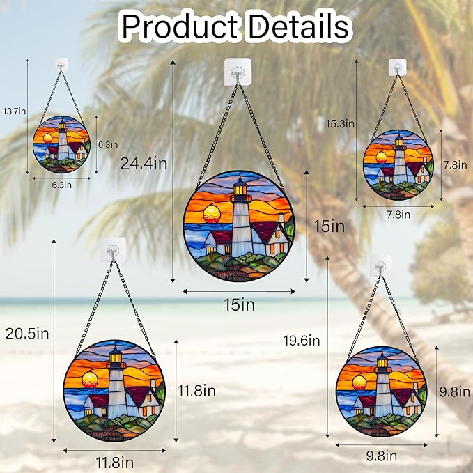 Stained Glass Window Hanging - Sea Lighthouse Suncatcher for Door Terrace Garden Home Decor Sunset Beach Scenery Sun Catcher Birthday Gifts for Lovers Women Men Dad Mom Nana 6.3 in