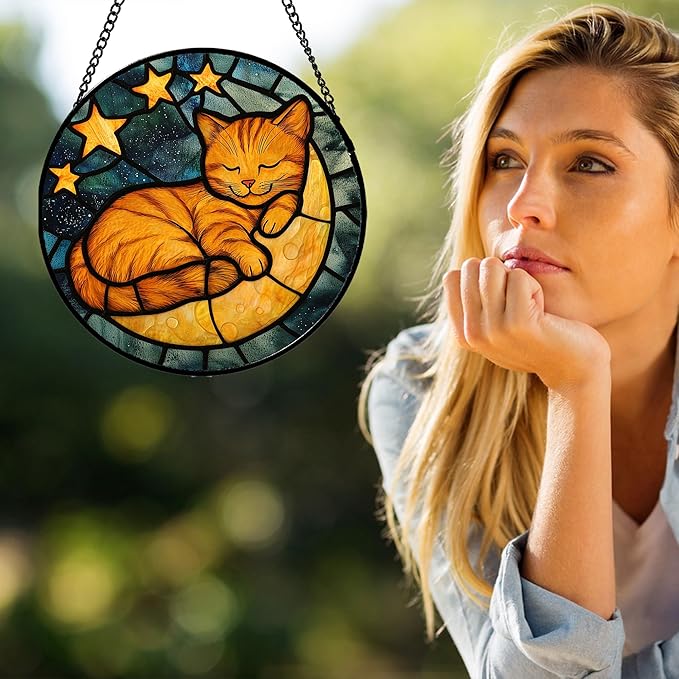 Stained Glass Window Hanging - Orange Cat Sun Catcher for Door Home Decor Stars and Moon Suncatcher Christmas Mother's Day Birthday Loss of a Pet Gifts for Women Men Mom Nana 9.8 in