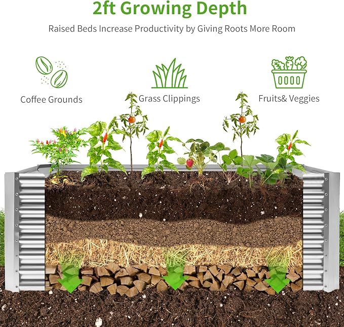 Land Guard 6×3×2 ft Galvanized Metal Raised Garden Bed, 2FT Deep Root Elevated Planter Box Steel Large Vegetable Flower Bed Kit（Silver）