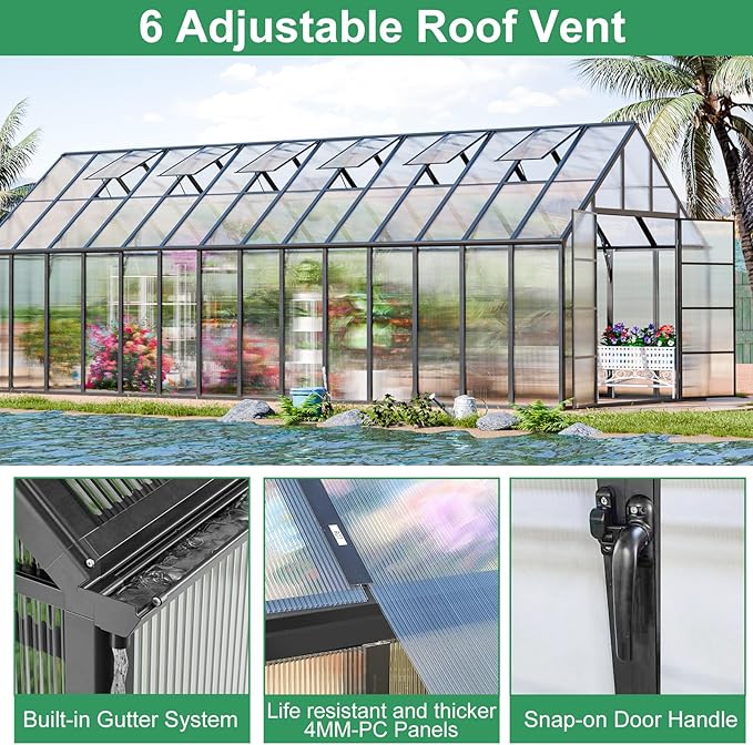 CDCASA 28x10x10 FT Greenhouse for Outdoors, Easy Assembly Large Thicker Aluminum Heavy Duty Polycarbonate Greenhouses Kit w/6 Windows, Outside Sunroom Walk-in Green House for Patio,Backyard