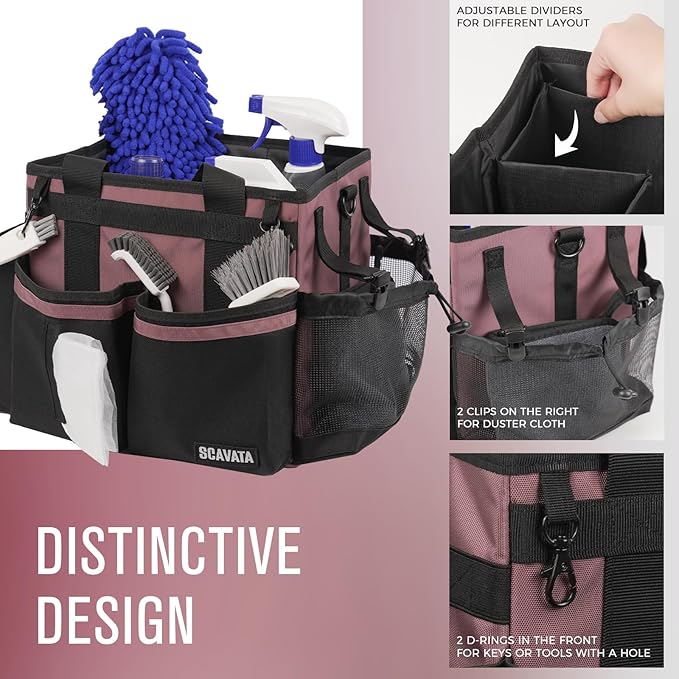 Compact Wearable Cleaning Caddy, Small Cleaning Caddy Supplies Organizer with Handle & Shoulder Straps for Housekeepers, Under Sink & Car Cleaning Tool Organizers Bag (LotusPink)