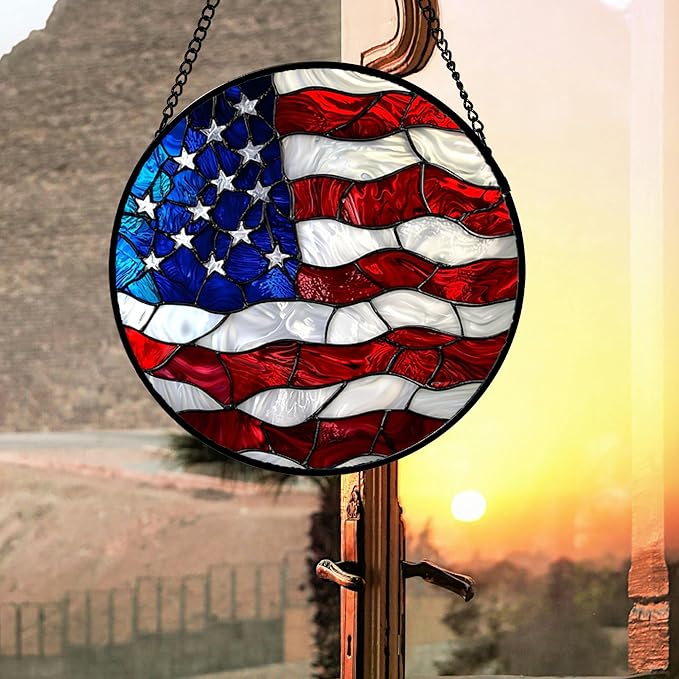 Stained Glass Window Hanging, Blue, White Red National Flag Pattern Sun Catchers Diamond Glass Panel Window Hangings Decor for Birthday Gifts for Women, Men, and Mom 14.9x14.9IN
