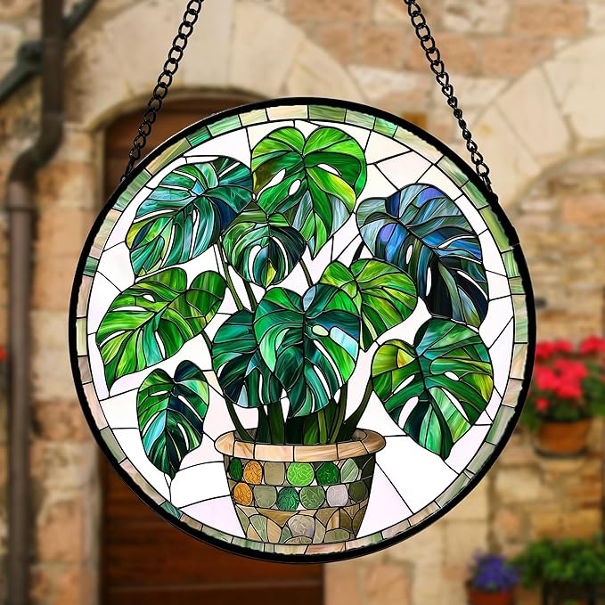 Stained Glass Window Hanging, Green Plant Monstera t Suncatcher Diamond Colorful Glass Panel Sun Catchers Decor for Birthday for Women, Men, Wife, Aunt, and Mom 9.8 in