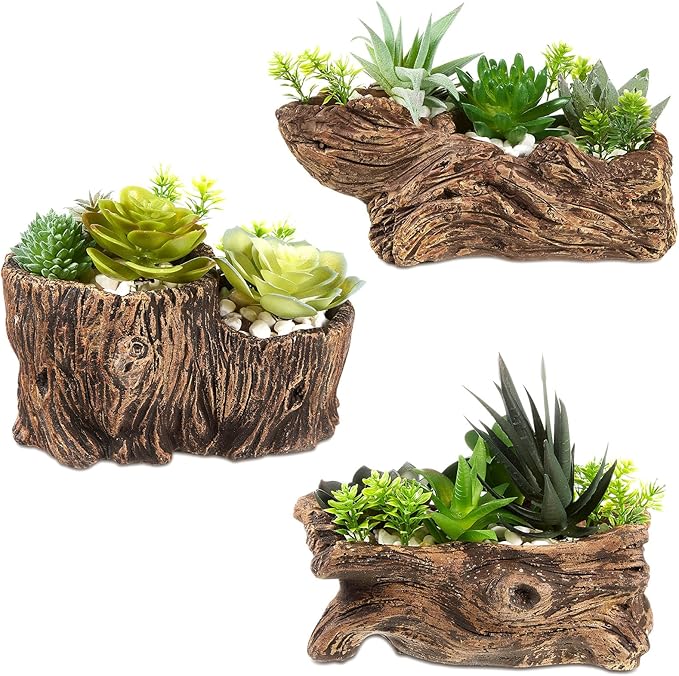 3 Pcs Driftwood Stump Log Concrete Planter Driftwood Planter Succulent Pot Plant Pot for Succulents for Outdoor Indoor Home Patio Garden Decoration (Classic)