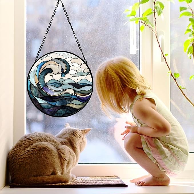 DASTOLL Stained Glass Window Hanging, Ocean Waves Sun Catchers Diamond Glass Panel Hangings Abstract Suncatcher Decor for Birthday for Women, Men, Wife, Aunt, and Mom 11.8x11.8 in