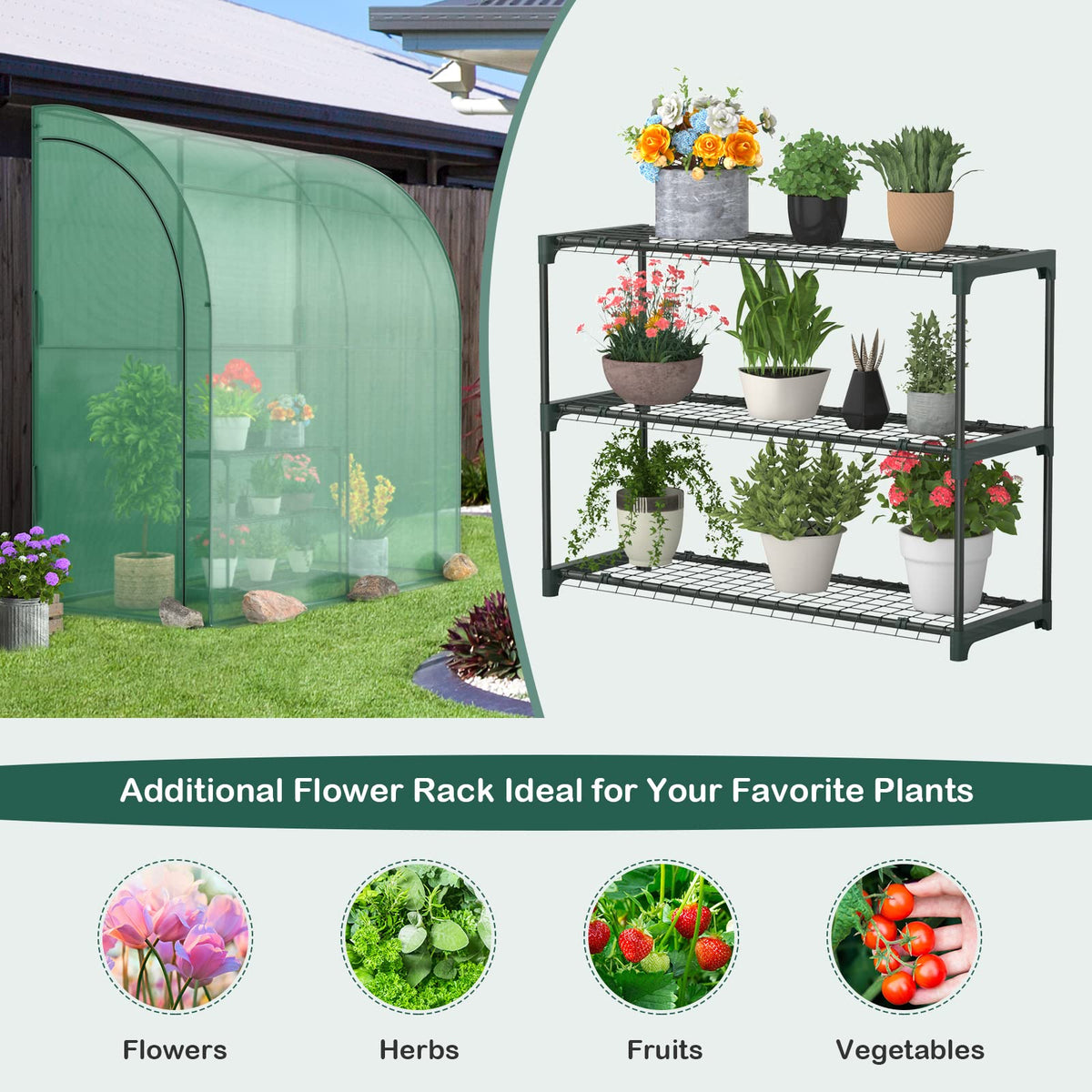 Graffy 7'x3.5’x7' Lean to Greenhouse, Walk in Green House with Shelves & 2 Zipper Doors, Windproof PE Cover, Portable Steel Frame Greenhouses for Outdoors Heavy Duty, Plant Hot House