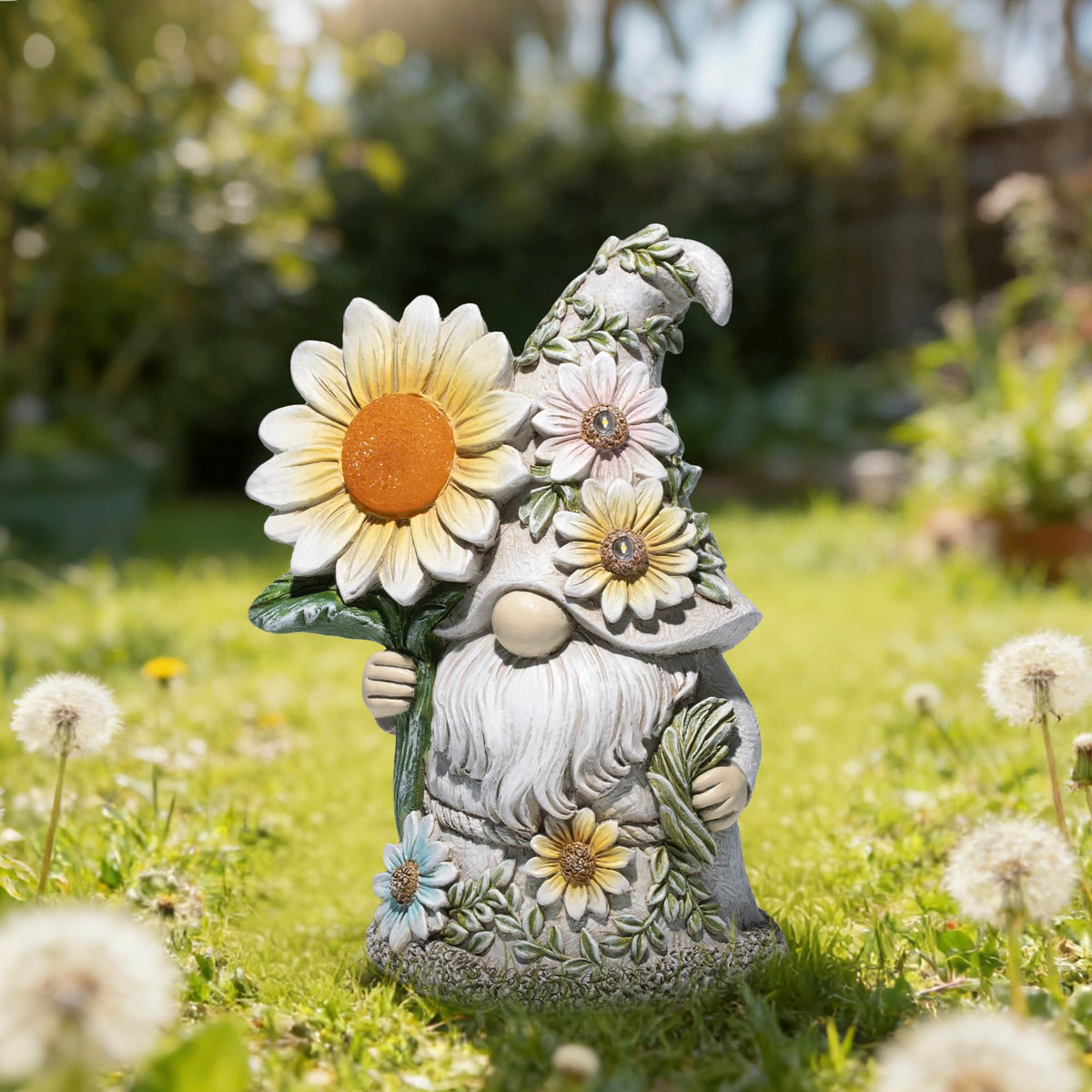 basen Solar Garden Gnome Statue with Glowing Daisy Flower, Outdoor Solar Gnome Figurine Decor for Yard Lawn Patio, Resin Garden Gnome Decoration with LED Light for Garden Landscape Ornament