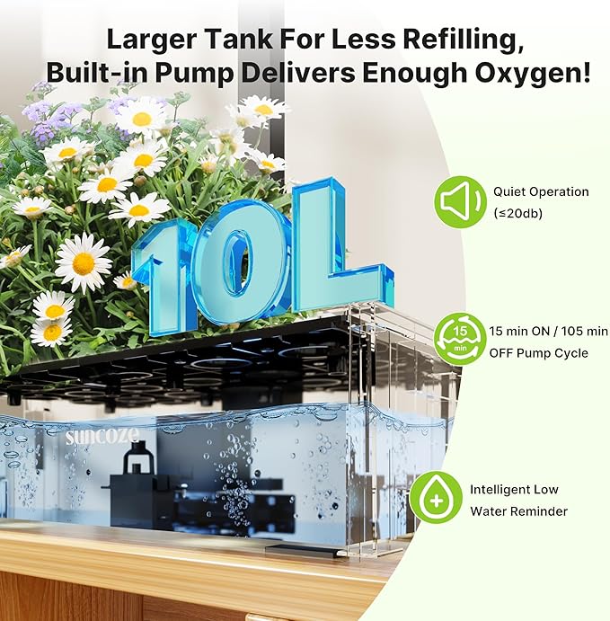 SUNCOZE 20 Pods Hydroponics Growing System Kit, Indoor Herb Garden with 30W LED Grow Light, 10L Large Water Tank, Up to 25" Height, Plants Germination Kit with Quiet Pump, Black