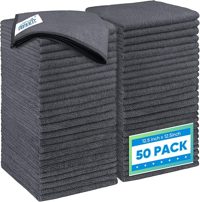 HOMEXCEL Grey Microfiber Cleaning Cloth 50 Pack, 12.5 x 12.5 inch Microfiber Towels for Cars, Ultra Absorbent Car Washing Cloth, Lint Free Streak Free Cleaning Rags for Car, Kitchen, and Window