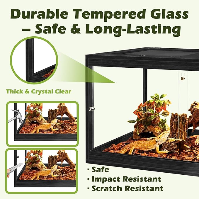 Prolee Tempered Glass Bearded Dragon Tank,Reptile Encloure and Snake Tank with Metal Mesh Roof Door,Locking Design Reptile Tank for Lizard,Gecko,Chameleon (Black, 32 Gallon (32x16x16 Inch))