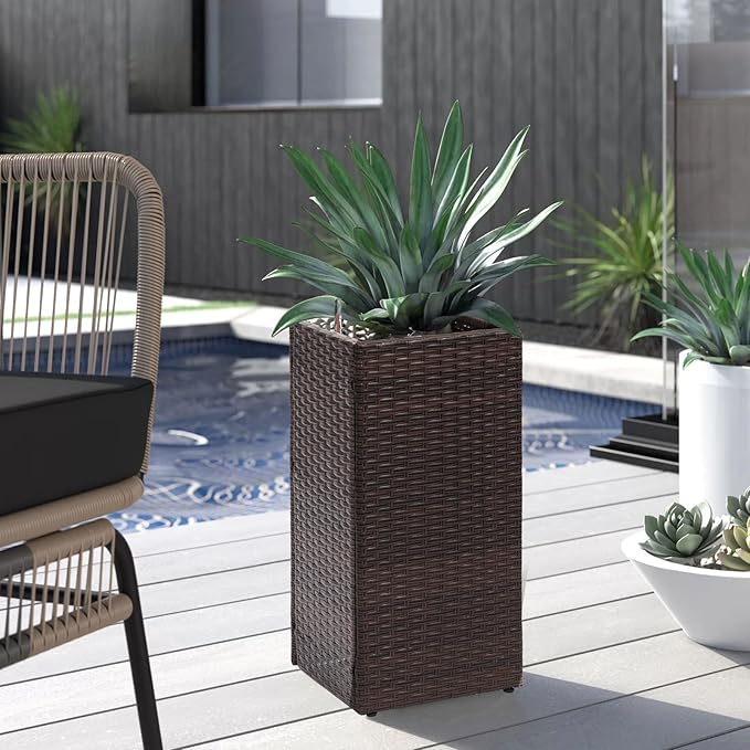 LEWIS&WAYNE Set of 2 Tall Planters for Outdoor Plants Handmade 24'' Wicker Tall Square Planter Box with Removable Liners Modern Planter for Indoor Outdoor Garden Patio Front Porch - Brown