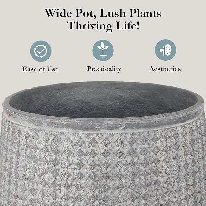 Worth Garden Large Round Planters Set of 2 (14.5"x17.5" & 12" x15“) - Lightweight Magnesium Oxide Cement Plant Pot with Texture - Grey Concrete Look with Drainage Hole – Indoor & Outdoor Use