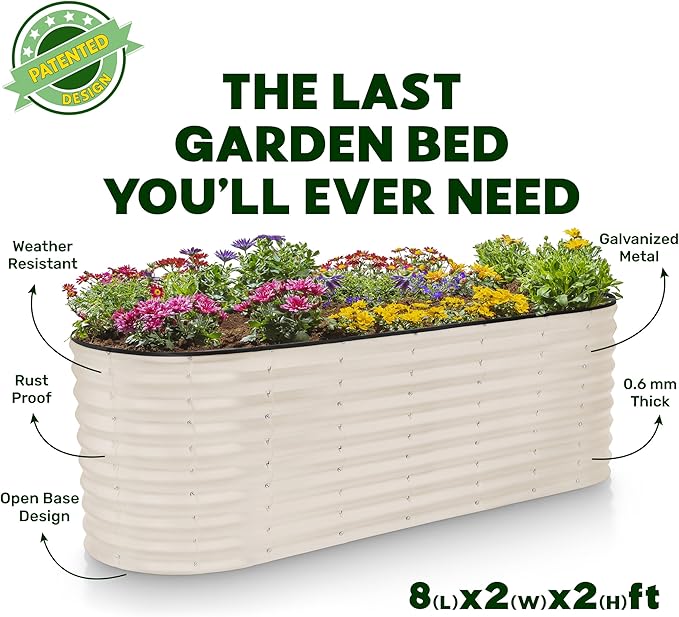Plant & Plot Galvanized Raised Garden Beds Outdoor // 8×2×2 ft Planter Raised Beds for Gardening, Vegetables, Flowers (White) // Large Metal Garden Box // Patented Tool-Free Design
