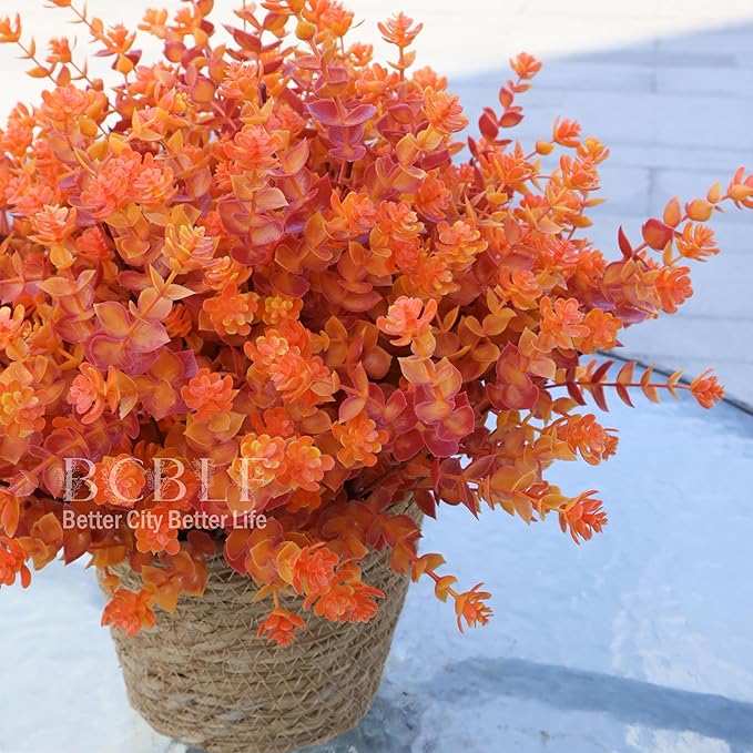 BCBLF Artificial Flowers for Outdoors, 12 Bundles UV Resistant Realistic Faux Plants for Outside Porch Planter, Spring Summer Home Garden Decoration, Red Orange