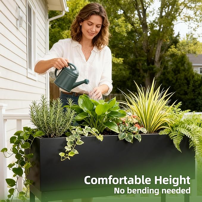 Worth Raised Metal Planter Box with Legs, 30"x12.5"x24" Elevated Garden Bed for Indoor & Outdoor Use – Matte Black Galvanized Steel Planter with Drainage Hole & Plug for Vegetables, Flowers & Herbs