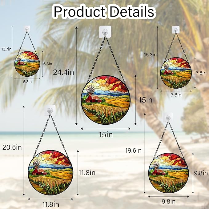 HWRHTR Stained Glass Window Hanging Autumn Farm Corn Harvest Landscape 7.8" - Suncatcher Garden Door Sun Catcher Home Decor Birthday Christmas for Woman Mom Friend Men Nana