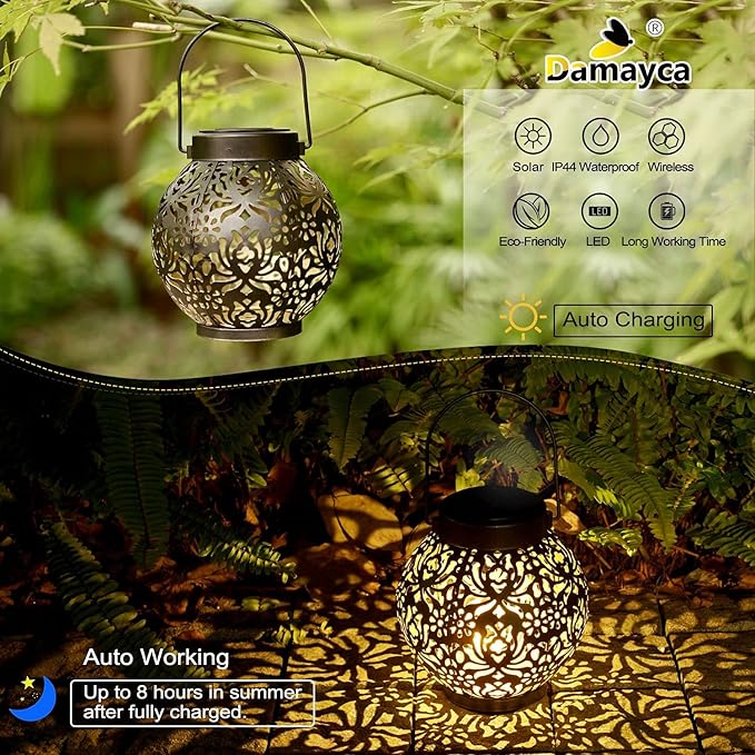 Set of 2 Solar Lantern Outdoor Hanging Decorative Lights for Garden Patio Porch Decorations. (Black)