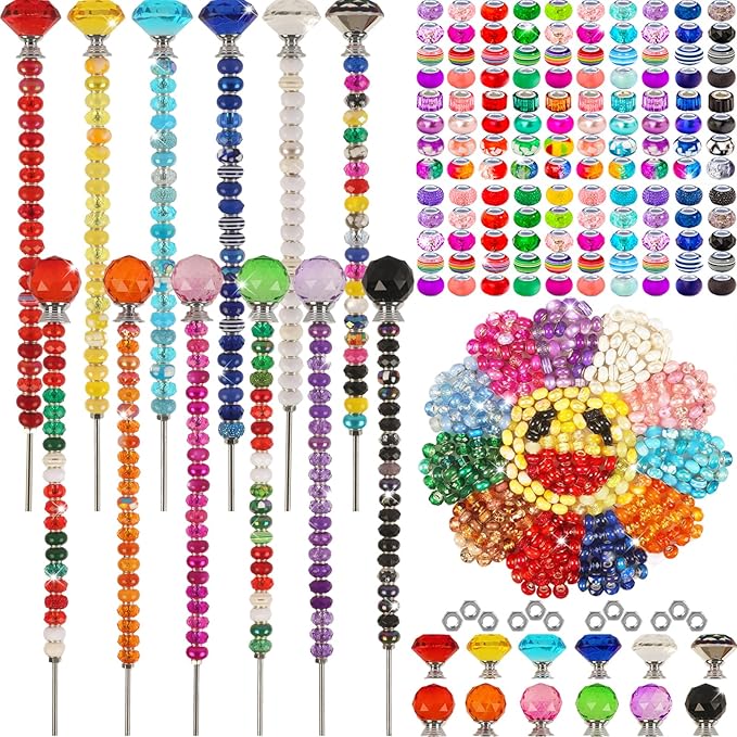 300 Pcs Garden Stakes Diy Fairy Wand Garden Stakes Kit, Colorful Large Hole Bead Crystal Diamond Stopper Top 12 Stainless Steel Threaded Rod Beaded Fairy Wands Supplies For Outdoor Beadable Decorative