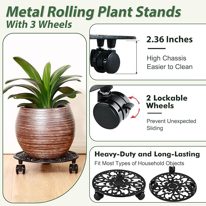 11 Inch Rolling Plant Stand with Wheels Wrought Iron Rolling Plant Stand with Casters Heavy Duty for Indoor Plants Rollers with Plant Saucers, Metal Round Plant Dolly 1 Pack
