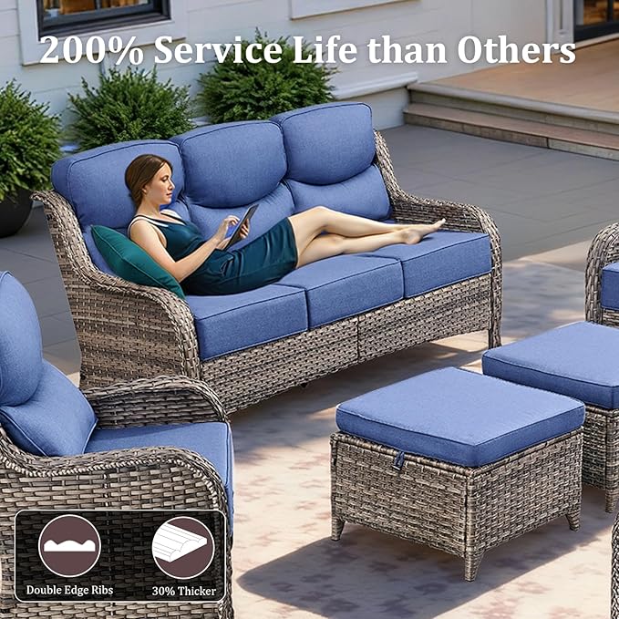 Luxury High Back Patio Furniture Set with 6-Inch Thick Cushions, 7-Pieces Outdoor Furniture with Swivel Chairs, Wicker Conversation Set for Porch, Balcony, Deck and Yard, Grey/Blue