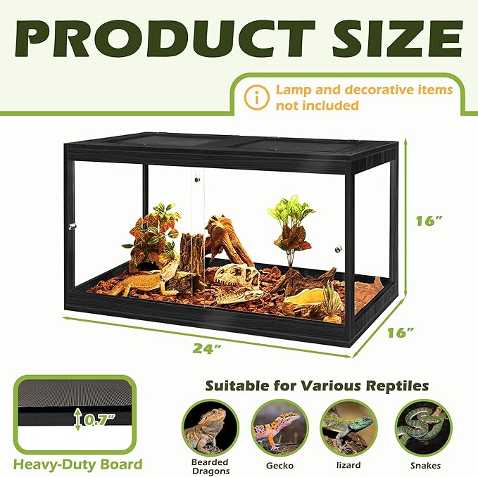 Prolee Tempered Glass Beard Dragon Tank 28 Gallon,Reptile Encloure and Snake Tank with Metal Mesh Roof Door,Locking Design Reptile Tank for Lizard,Gecko,Chameleon (24"X16"X16", Black)