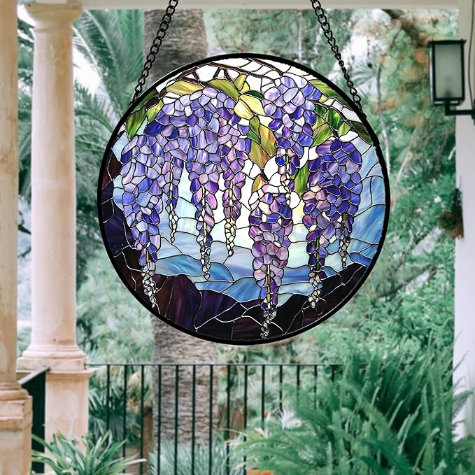 AMDERVEN Stained Glass Window Hanging, Wisteria Flower Sun Catcher for Door Home Decor Purple and Blue Suncatcher Christmas Mother's Day Birthday Gifts for Women Men Mom and Nana 15 in