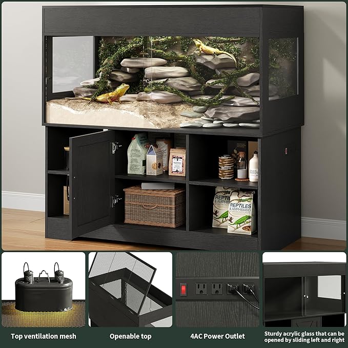 Herture 120 Gallon Reptile Tank with Stand, 4x2x2 Terrarium Enclosure for Bearded Dragons, Snakes, Lizards – Sliding Acrylic Doors, Mesh Top, Storage Cabinet, Built-in Power Outlet Black PX01RTB