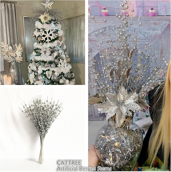 Artificial Berries Stems Ornaments 17 Inch, Sparkling Christmas Tree Picks, Glittery Berry Stems Fake Plant Picks and Branches for Xmas Wreath Ornaments Holiday Home DIY Decor - Silver 10 Pack