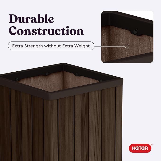 Keter Signature 21.6 Inch Tall Square Large Wood Look Planter for Indoor or Outdoor Flower Pot Ideal for Patio Deck and Front Porch Decor, Rosewood