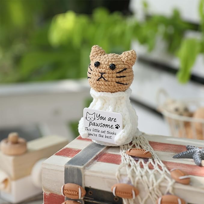 YOOJEE Positive Crochet Animals Cat – “You are Pawsome” Valentines Day Crochet Gift for Her Teens Women Adults Mom, Emotional Support Animal, Teacher Appreciation, Birthday Gift, Desk & Home Decor