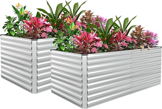 FOOWIN 2pcs 8x4x3ft Galvanized Raised Garden Bed, Planter Raised Garden Boxes Outdoor, Large Metal Raised Beds for Gardening, Garden Bed for Vegetables, Flowers, Herb, Silver