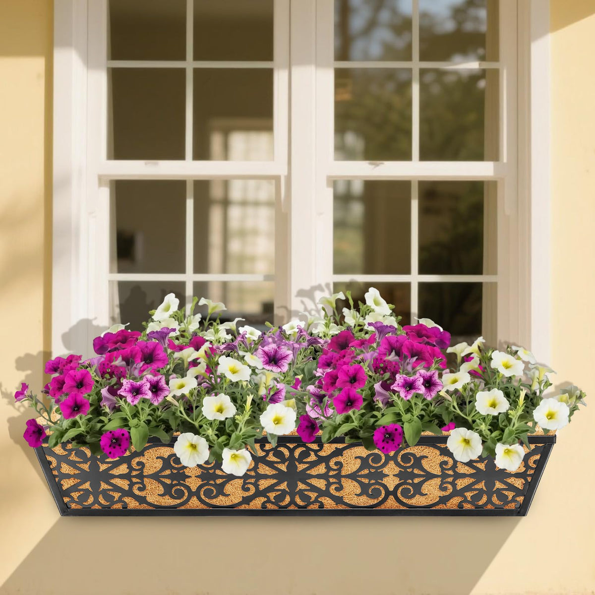 Karlliu 2 Pack 30 Inch Window Boxes Planters Railing Planter Box with Adjustable Brackets & Coco Liners Fabric Plant Grow Bags Deck Railing Planter Boxes Balcony Hanging Flower Box for Outdoor Plants
