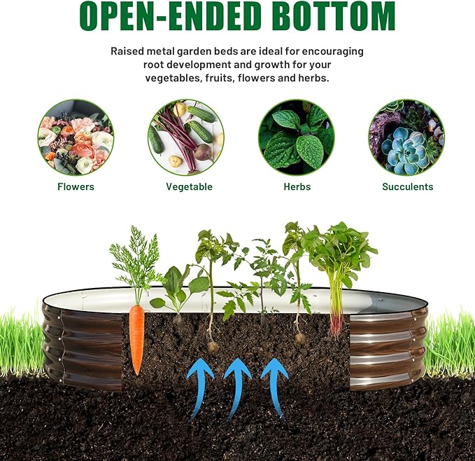 SnugNiture 2 Pcs 6x3x1ft Raised Garden Bed Kit, Outdoor Oval Metal Garden Planter, Ground Planter Box for Gardening Vegetables Flowers, Brown