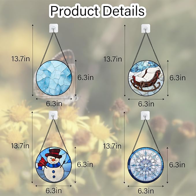 AMDERVEN Stained Glass Window Hanging 4 Pcs Set Blue White Christmas Snowman Snowflake 6.3" - Suncatcher Door Garden Sun Catcher Decor Birthday Mother's Day Xmas Gifts for Mom Woman Nana Men