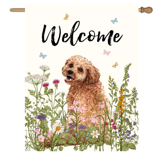 Floral Golden Doodle Garden Flag Spring Summer House Flags 28 x 40 Double Sided Flower Dog Yard Flags for Outside Large Outdoor Welcome Flags