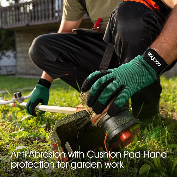 COOLJOB Thorn Proof Garden Gloves with Touchscreen Fingers for Men, Rose Pruning Work Gloves with Palm Cushion for Gardener, Farmer and Landscaper (Green 1 Pair Medium)