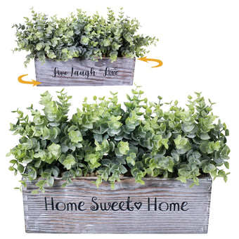 1 Pcs Wooden Potted Eucalyptus Plant Greenery Arrangement Artificial Eucalyptus Plant in Rectangular Wood Planter Box for Rustic Farmhouse Indoor Centerpiece Tabletop Window Sills Kitchen Shelf Decor