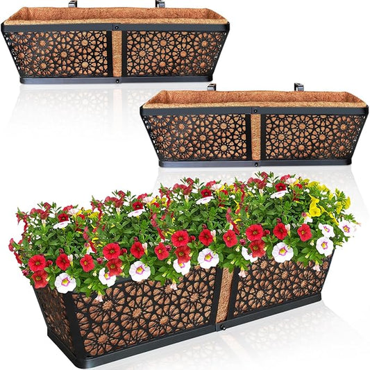 ZeeDix 3 Pack Metal Window Box for Railings, 24 Inch Over Railing Planter Boxes with Coco Liners, Hanging Flower Box Planters for Outdoor Fence Deck Porch Balcony & Patio